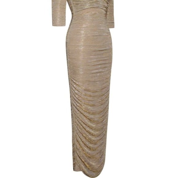Callie Lives Xena Ruched Gold Stretch Chiffon Sweetheart Split Maxi TUBE Dress L - Picture 9 of 11